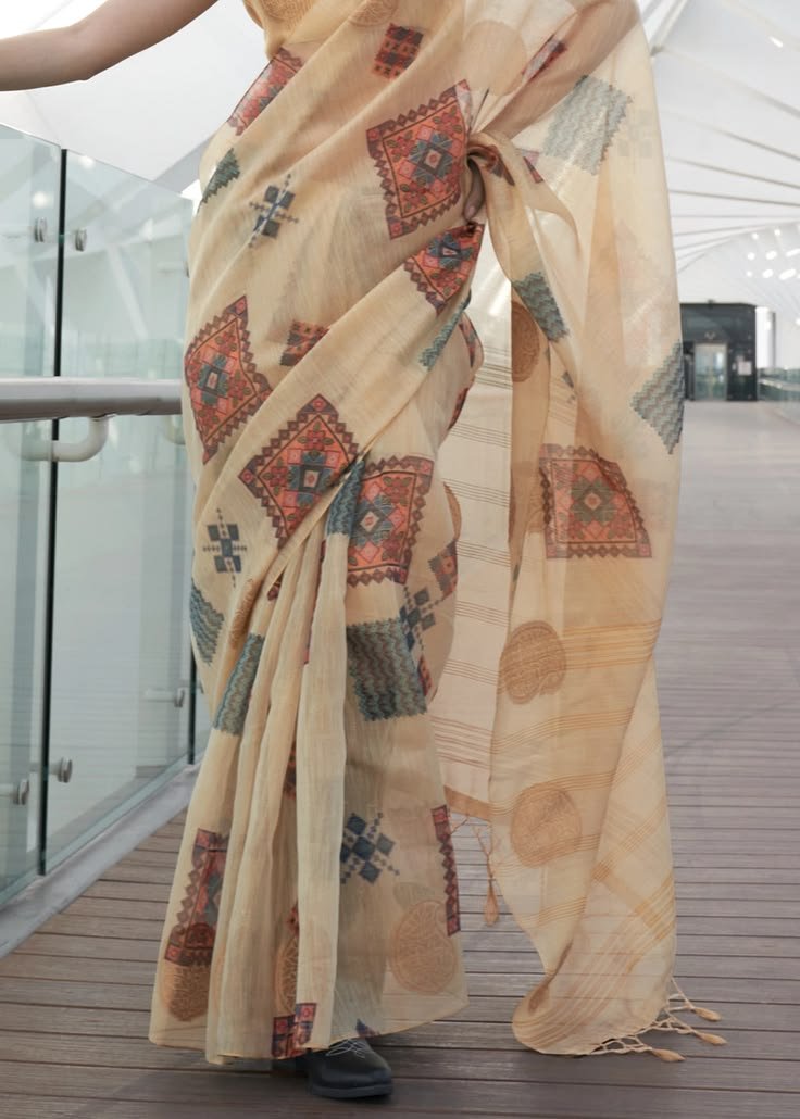 Beige Brown Tissue Silk Saree With Abstract Motif Print