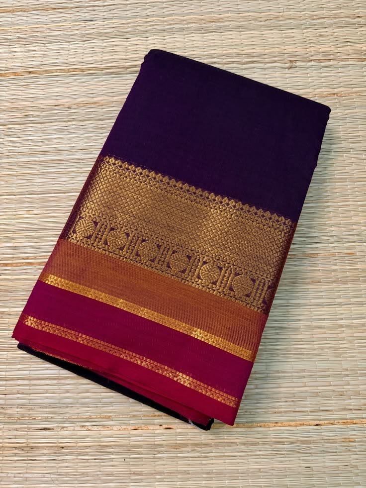 Deep Purple Kanchi Cotton Saree Rich Zari Border Temple Style Handloom