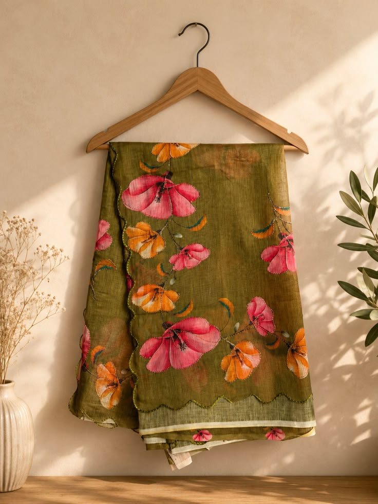 Floral Linen Blend Saree Handcrafted Scalloped Border Festive Wear