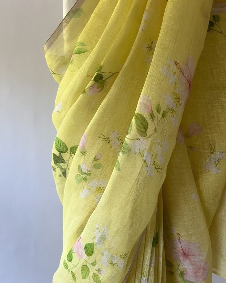 Linen Sari With Hibiscus And Raat Ki Rani Print…