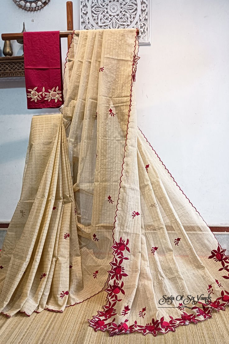 Tussar Color Embroidered Handloom Pure Cotton Saree With Zari Checks With Embroudered Blouse Piece
