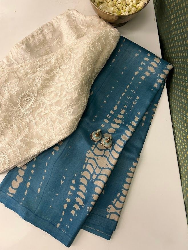 Veena Blue Tie Dye Handprinted Tussar Saree Copy